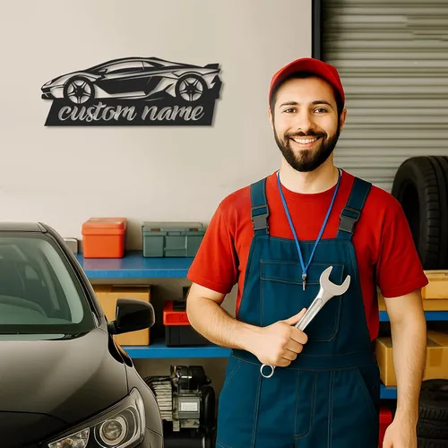 Miniatura 3 de Letreros de garaje personalizados, letrero de metal con nombre personalizado para taller, letreros de taller de diseño de automóviles, arte de pared