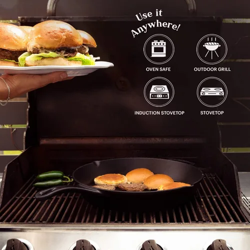 Miniatura 3 de Cuisinel Sartén de hierro fundido de 15" + tapa de vidrio + raspador de sartén negro + cubierta de agarre de mango de silicona - Utensilios