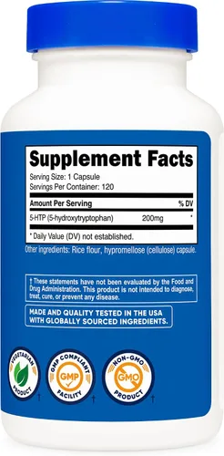 Miniatura 5 de Nutricost 5-HTP 200 mg, 120 cápsulas vegetarianas (5-hidroxitriptófano) - Sin OGM y sin gluten