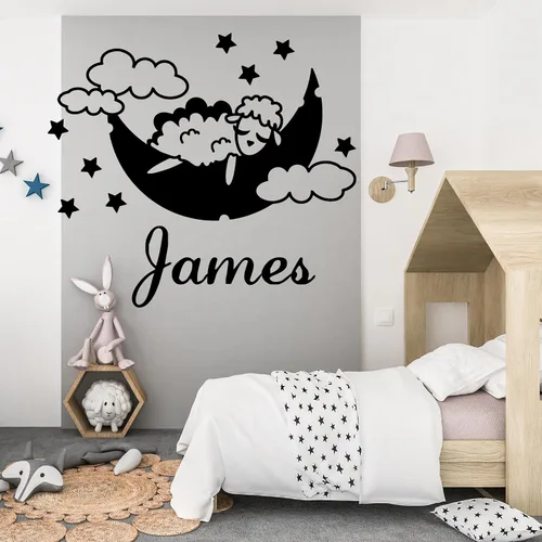 Calcomanía de pared personalizada de cordero dormido en la luna para niños, cielo nocturno con dibujo de ovejas, calcomanías con nombre de pared