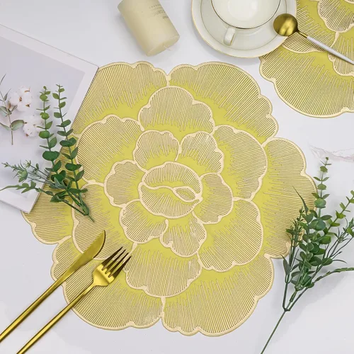 Miniatura 7 de Paquete de 6 manteles individuales redondos con diseño floral dorado y amarillo, manteles individuales de vinilo para mesa de comedor, lavables