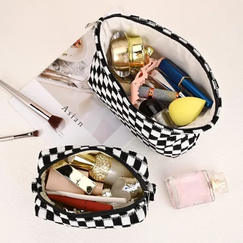 Miniatura 4 de SOIDRAM Bolsa de maquillaje negra de 2 piezas, bolsa grande de cosméticos a cuadros, capacidad de mezcla de lona, bolsa de aseo de viaje