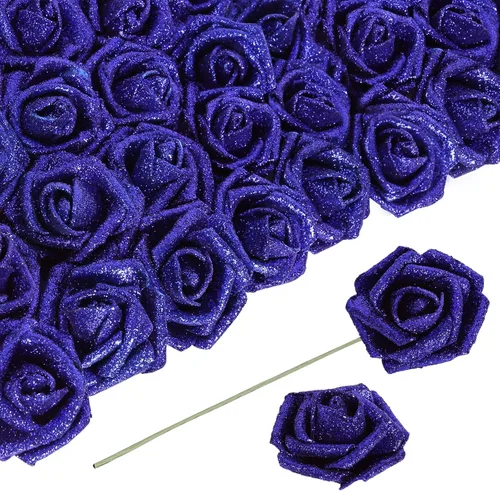 Miniatura 8 de Flores negras con purpurina, 30 unidades, flores artificiales con purpurina, rosas de espuma con tallo, flores sintéticas para bricolaje, ramo