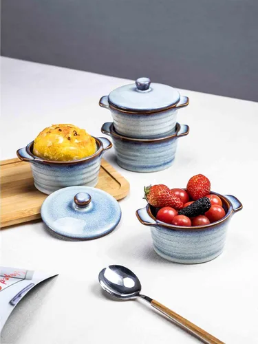 Miniatura 4 de Henten Home Ramequines de cerámica de 8 onzas con tapa, mini cocotte de porcelana con asa, juego de 4, cazuelas de esmalte reactivo para hornear