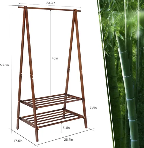 Miniatura 6 de Jotsport Perchero de bambú plegable para colgar ropa con estante de almacenamiento de 2 niveles para lavandería, habitación de invitados