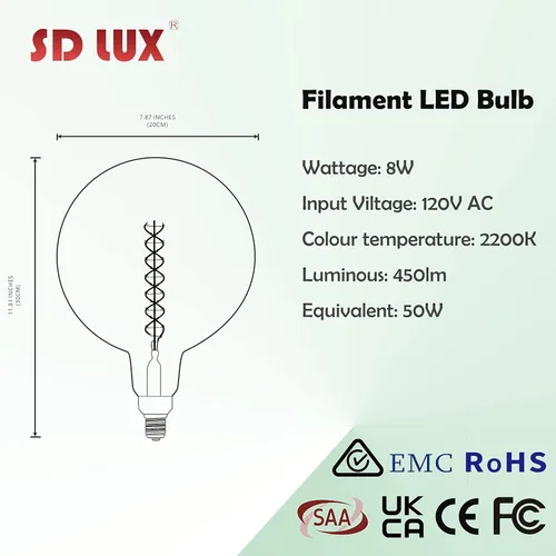Miniatura 2 de SD LUX Bombilla LED gigante vintage de gran tamaño, bombilla Edison enorme, regulable, 8 W 450 lm (equivalente a 50 W), blanco cálido 2200 K, base