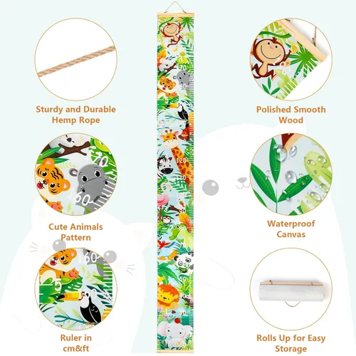Miniatura 3 de HIFOT Tabla de crecimiento para niños, tabla de medición de altura, reglas de lona de animales de la selva para colgar en la pared para decoración