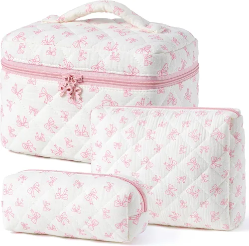 Miniatura 24 de HBselect Bolsa de maquillaje acolchada, 3 piezas de algodón grande, bolsa de maquillaje de viaje, bonita bolsa de maquillaje floral de coqueta