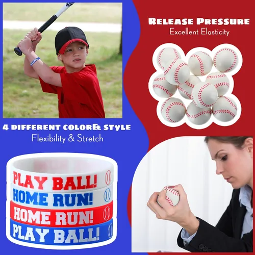 Miniatura 5 de Nuogo 48 piezas de regalos de fiesta de béisbol incluyen 12 bolsas de regalo de béisbol, 12 pulseras, 12 bolas de estrés, 12 mini llaveros