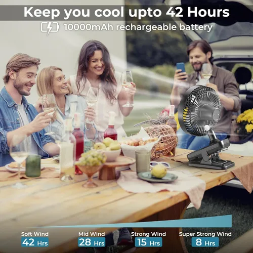 Miniatura 2 de Ventilador con clip de 10000 mAh, 42 h de duración, ventilador de mesa silencioso y oscilante automático, recargable con 4 velocidades potentes