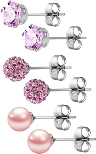 Miniatura 49 de JewelrieShop - Juego de aretes de tuerca de acero inoxidable con circonitas cúbicas y perlas de imitación, 3 pares de 0.236 in