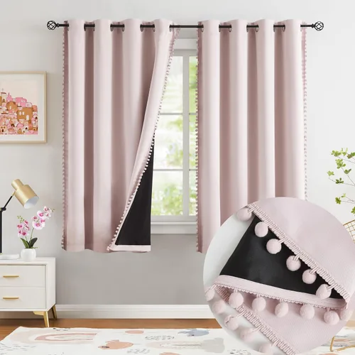 Jubilantex Cortinas opacas con pompones, cortinas opacas con aislamiento térmico, color rosa rubor, tratamiento de ventanas, 63 pulgadas de largo