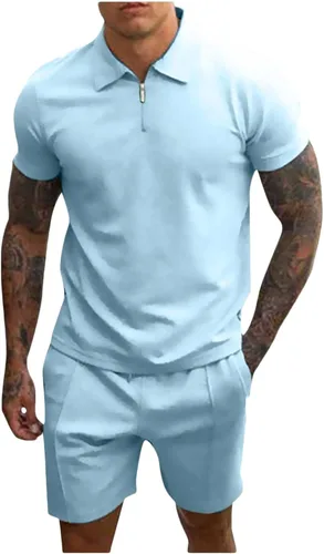 Conjunto de camisa polo y pantalones cortos para hombre, trajes de verano de 2 piezas para hombre, color liso, casual, manga corta, camiseta
