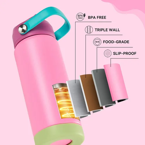 Miniatura 5 de Fijinhom Botella de agua aislada de acero inoxidable de 18 oz, de boca ancha, de doble pared, con vacío, con pajita de silicona, a prueba de sudor