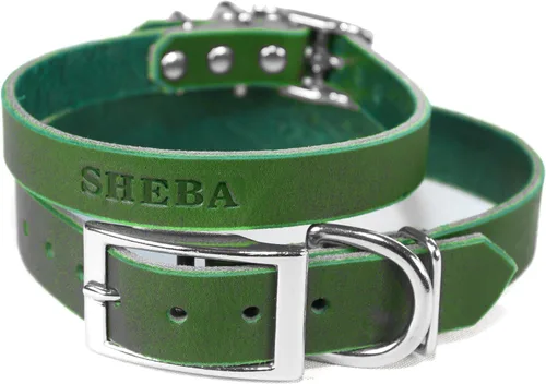 Miniatura 6 de Collar de perro de cuero de brida personalizado hecho a mano, nombre de mascota grabado, herrajes en tono níquel/plateado (marrón desgastado)