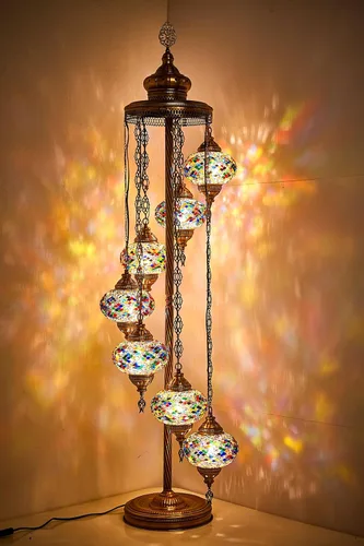 Miniatura 9 de DEMMEX - Lámpara de pie con mosaico marroquí turco de 7 globos grandes, lámpara de pie bohemia con mosaico Tiffany con enchufe y enchufe