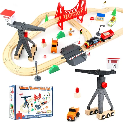 Miniatura 9 de WOOD CITY Juego de tren de madera, 56 piezas de lujo para niños de 2, 3, 4, 5 años, pista de tren temática de carga con grúa torre y puente