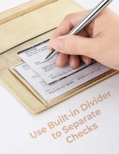 Miniatura 67 de Yarnic Funda para chequera personal, soporte para chequera con soporte para bolígrafo y divisor de plástico transparente integrado para cheques Rosa
