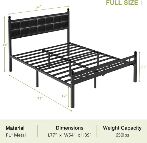 Miniatura 2 de VECELO Base de cama matrimonial, cama tapizada con cabecera de piel sintética, soporte de listones de metal fuerte, sin ruido, no necesita somier