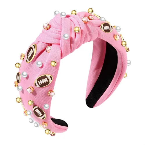 Miniatura 10 de Diadema de fútbol para mamá, accesorios de perlas con diamantes de imitación anudados, banda ancha para el pelo negra, diadema de nudo superior