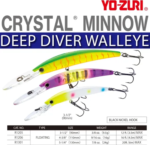 Miniatura 2 de Yo-Zuri Yo Zuri R 1301 Crystal Minnow Deep Diver Walleye Floating 5 1 4 ' 7 8 Oz 2 Hook