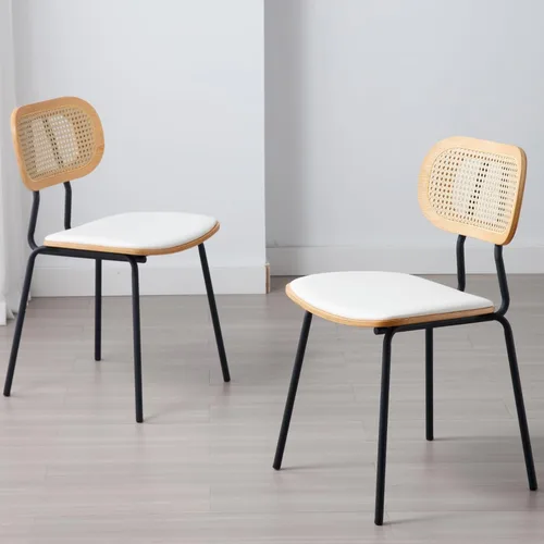 Miniatura 6 de Ya-Home Mid-Century - Juego de 2 sillas de comedor con respaldo de caña de ratán, asiento tapizado de piel sintética, patas de metal negro, sillas