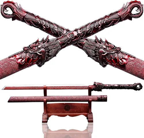 Miniatura 10 de Espada china de la dinastía Tang Dao de acero al carbono, hoja recta afilada, katana con patrón de dragón, funda Dorado