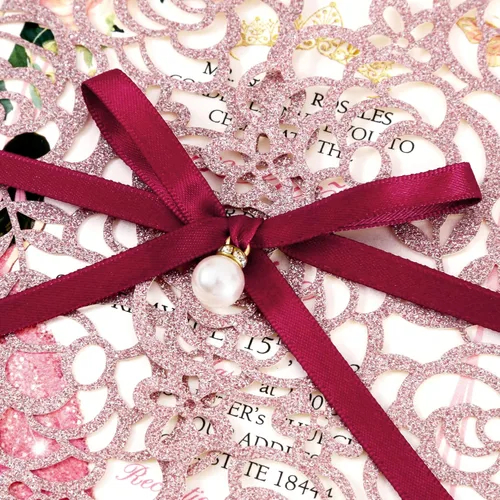 Miniatura 3 de DORIS HOME 50 invitaciones de quinceañera cortadas con láser con sobre, invitaciones de purpurina rosa de 4.9 x 7.2 pies cortadas con láser