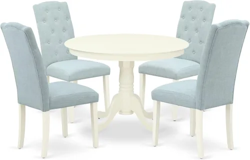 East West Furniture HLCE5-LWH-15 - Juego de mesa de comedor de 5 piezas para 4 personas, incluye una mesa de cocina redonda con pedestal y 4 sillas