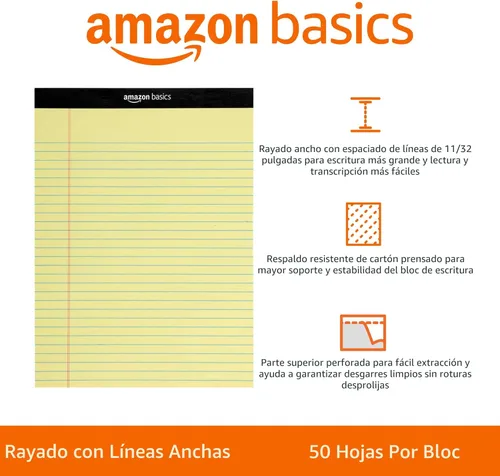Miniatura 2 de Amazon Basics Bloc de notas de escritura con rayas anchas de 50 hojas, 8.5 x 11.75 pulgadas, paquete de 12, 600 hojas perforadas, canario
