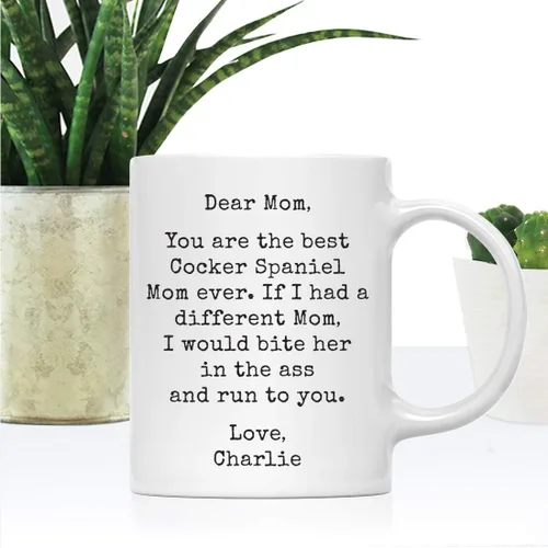 Miniatura 2 de Andaz Press Taza de café personalizada divertida con texto en inglés "Dog Mom", regalo de broma para la mejor mamá de perro cocker spaniel, muerde