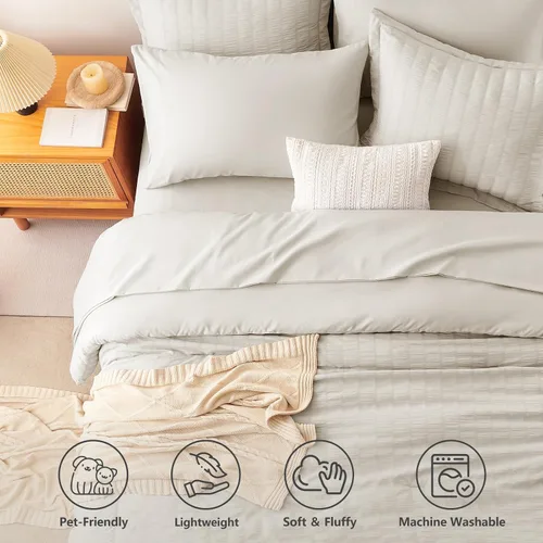 Miniatura 2 de CozyLux Juego de ropa de cama con edredón tamaño King Beige Seersucker de 7 piezas, juego de cama en una bolsa, con edredón, sábanas, fundas