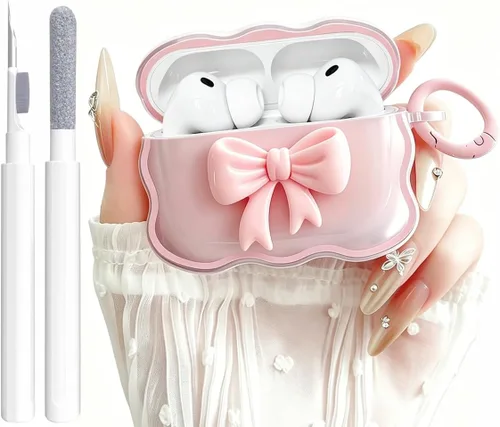 Bonita funda transparente para AirPods Pro 2/1 Gen, diseño de lazo 3D femenino, funda protectora y a prueba de golpes de TPU suave Kawaii para Apple