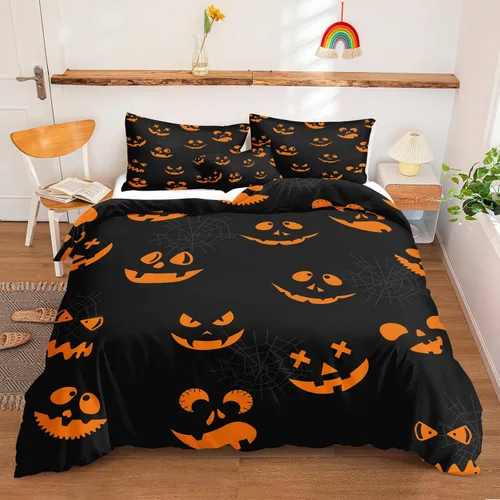 Miniatura 39 de Juego de funda de edredón de calabaza para Halloween, divertido diseño de calabaza malvada, color negro, juego de ropa de cama Tiwn 1 funda