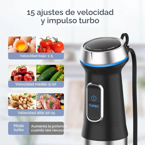 Miniatura 4 de Ganiza - Batidora de inmersión de mano, 6 en 1, licuadora de palo con cuchilla de acero inoxidable, 15 velocidades, licuadora de palo eléctrica