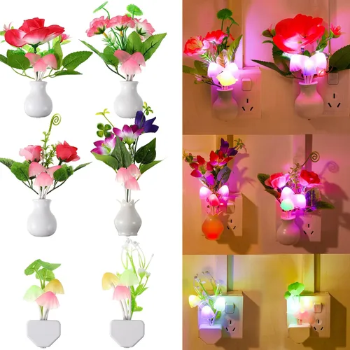 Hortsun Paquete de 6 luces LED con sensor de luz nocturna de hongos que cambian de color, luz nocturna LED del atardecer al amanecer, lámpara de