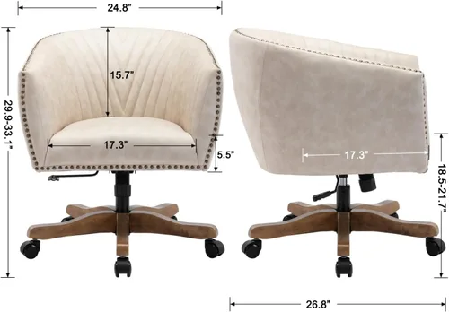 Miniatura 2 de Silla de escritorio de piel sintética beige, silla de escritorio tapizada giratoria con brazo ajustable con cabezas de clavos, cómoda silla