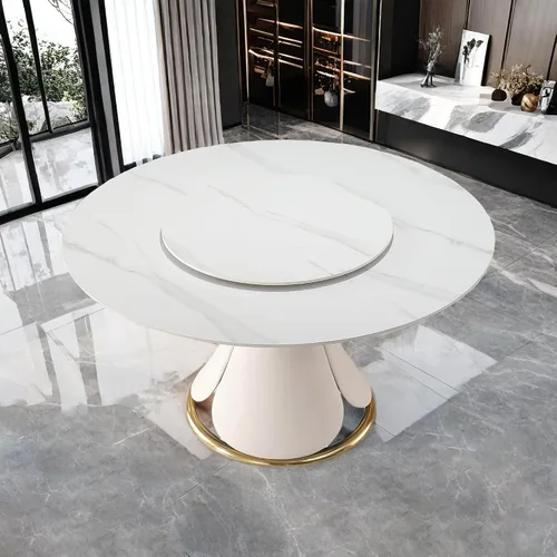 Leavader Mesa de comedor redonda de 59 pulgadas, moderna mesa de mármol sintético con bandeja giratoria y base en forma de pétalo, mesa de comedor