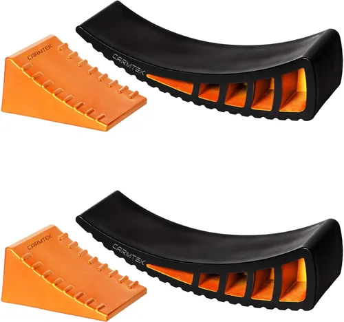 CARMTEK Kit de 2 niveladores para RV | Niveladores curvos para RV con calzos de rueda de remolque para remolques de doble eje | Sistema de Paquete