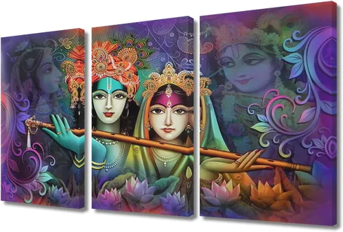 Miniatura 57 de Pintura india hindú Dios Señor Krishna imágenes sobre lienzo, arte de pared de 3 piezas, arte de pared moderno, decoración del hogar para sala