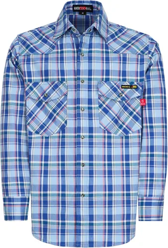 Miniatura 12 de BOCOMAL Camisas FR Resistente a la llama 100% C NFPA2112 7.5oz Camisa de soldadura resistente al fuego para hombres Cuadros azul marino/blanco