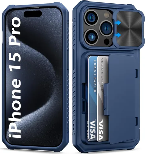 Miniatura 12 de BXYJY Funda tipo cartera para iPhone 15 Pro con tarjetero (4-5 tarjetas) y cubierta deslizante para cámara y soporte, protección contra caídas