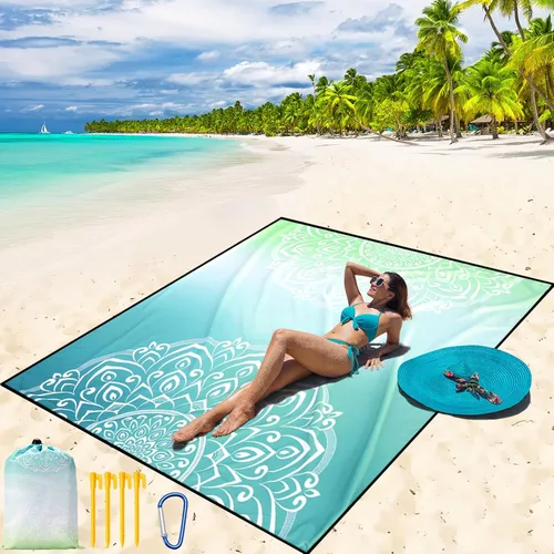 Miniatura 43 de WIWIGO Manta de playa impermeable a prueba de arena tapete de playa 79" X 83"/10'x9' para 2-8 adultos, de secado rápido, tapete de picnic al aire