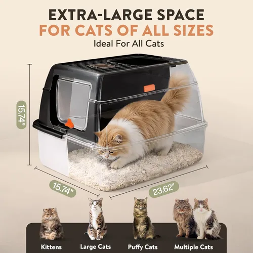 Miniatura 3 de Caja de arena XL de acero inoxidable para gatos con recinto y recogedor de excrementos, caja de arena duradera de metal negro para gatos grandes