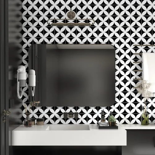 Miniatura 5 de Papel tapiz geométrico en blanco y negro para despegar y pegar, moderno, 17.3 x 78.8 pulgadas, papel de pared autoadhesivo extraíble para baño
