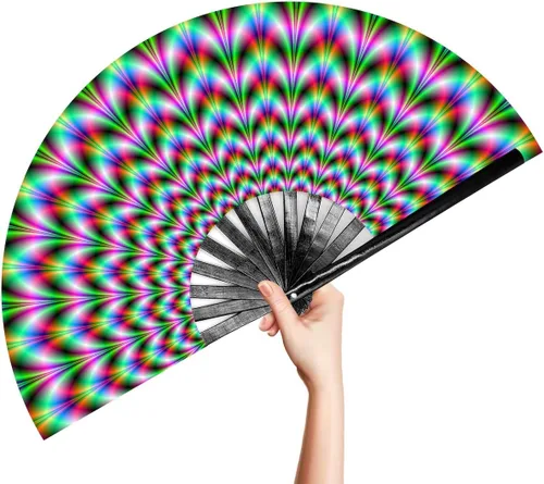 Miniatura 10 de OMyTea Ventilador de mano plegable grande Rave Clack para hombres y mujeres, ventilador de mano de bambú chino japonés - para EDM, festival de Aurora