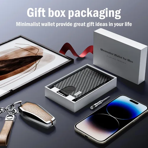Miniatura 6 de umoven Cartera para hombre con clip para dinero, ranuras de cuero delgadas con bloqueo RFID, billetera minimalista plegable, Fibra de carbono
