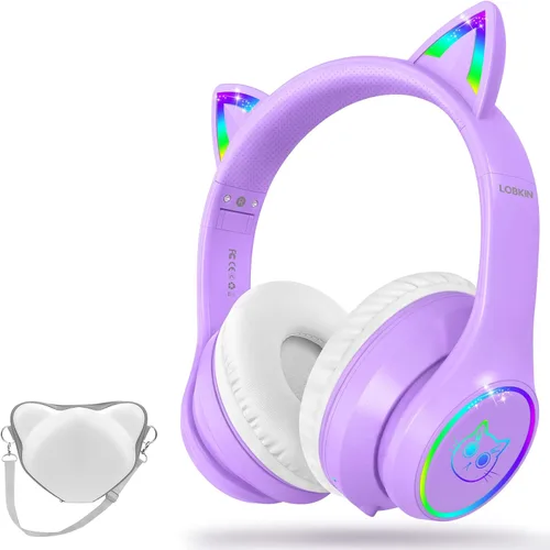 LOBKIN - Auriculares Bluetooth 5.4 para niños con estuche - Orejas de gato plegables ajustables con luz LED RGB, auriculares supraaurales con Púrpura