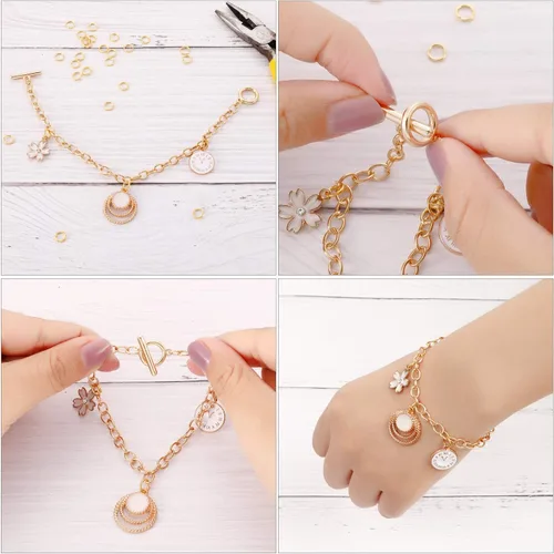 Miniatura 5 de Hicarer 12 pulseras de cadena de oro a granel con dijes de aleación de metal para hacer joyas, pulseras de eslabones chapados, kit de cierres