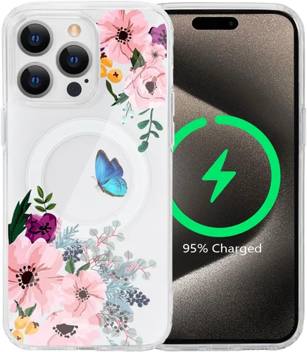 Miniatura 19 de Funda magnética de flores para iPhone 15 [compatible con MagSafe] Bonito patrón floral transparente a prueba de golpes